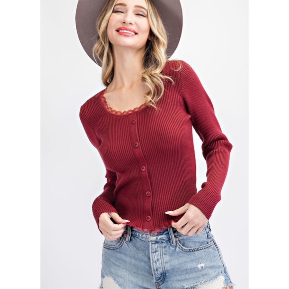 Women’s Winter Top Dressy Rib Knit Lace Top Red Blouse Cozy Knits Top Date Night - Picture 4 of 6